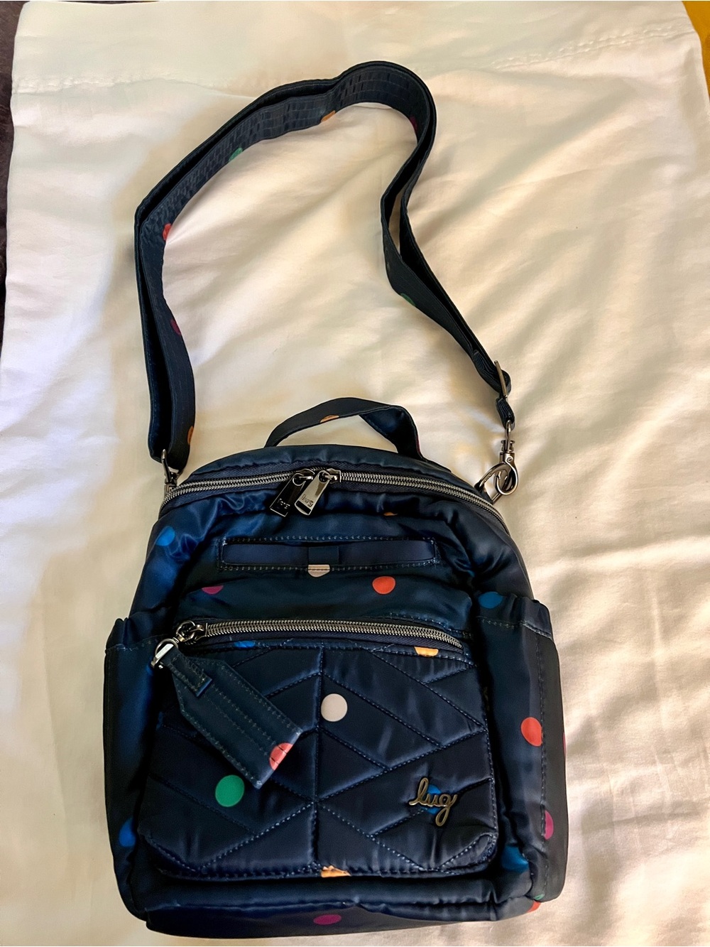 lug Navy Quilted Crossbody-Alpine with Multicolor Polka Dots